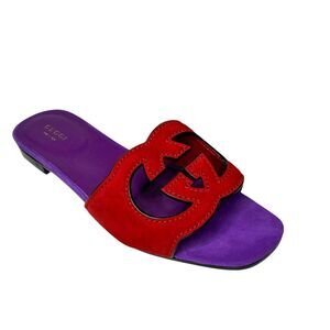 Gucci Kid Scamosciato Interlocking Double G Cut Out Slide Sandals 37.5 Suede